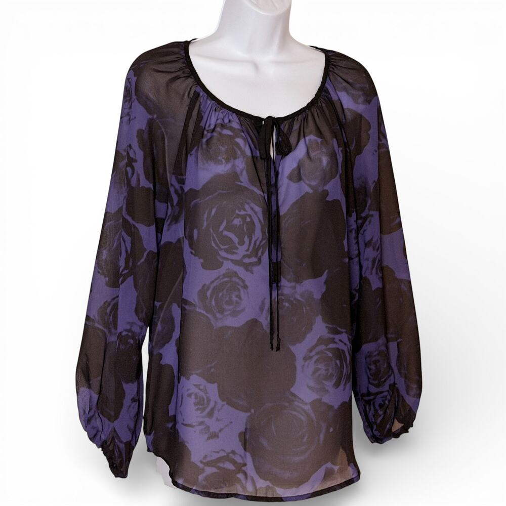 Kut from the Kloth Purple Black Floral Chiffon Blouse Tie Neck Balloon Sleeve M
